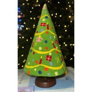 Needlepoint Table Top Christmas Tree With Wooden Base